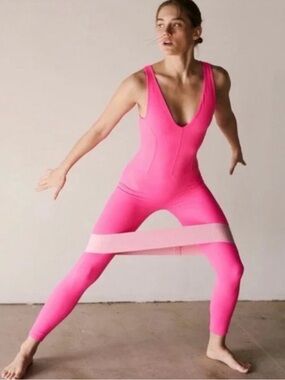 FP Movement by Free People Neon Pink V-Neck Unitard Jumpsuit